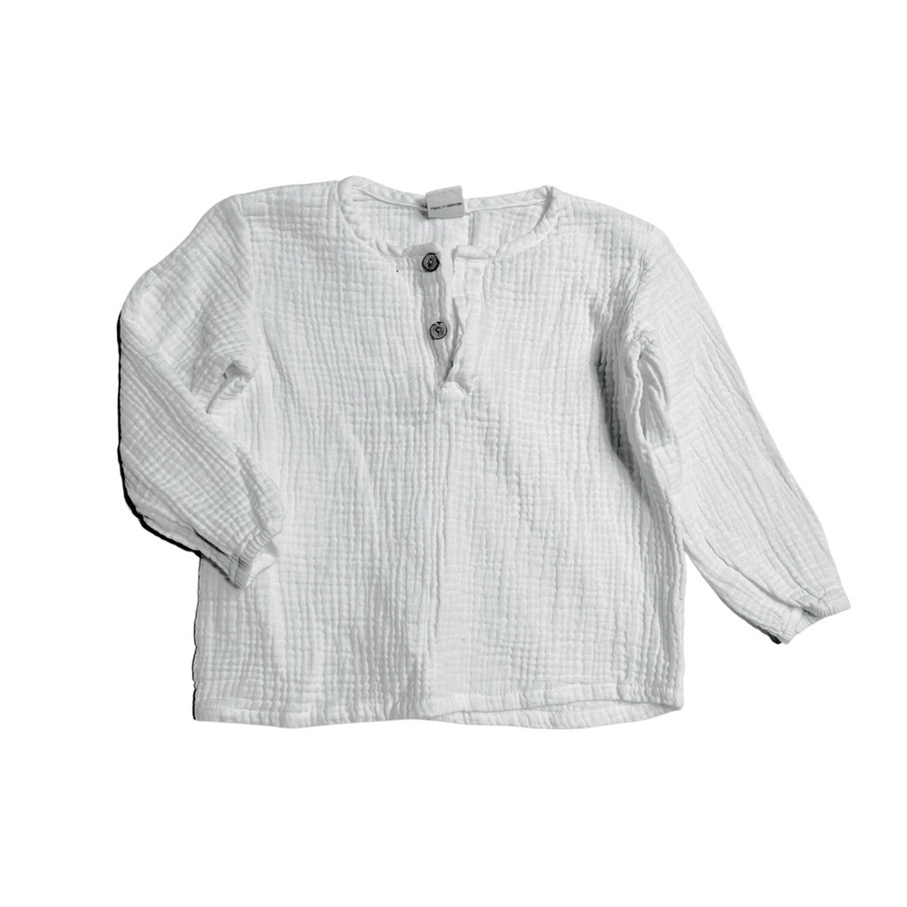 White Kids Shirt Crepe‎ Gauze Cotton Long Sleeve Henley Shirt